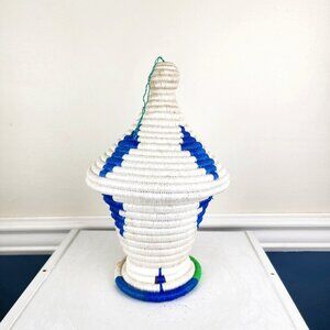 Coil Basket With Lid Blue And Natural Handwoven